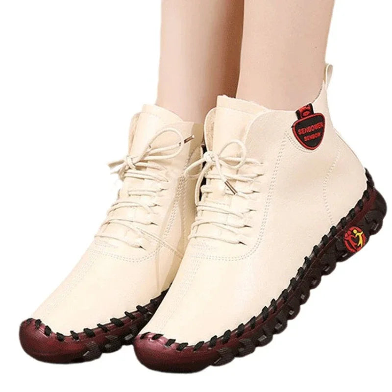 Women Shoes Autumn Loafers Lace Up Sneakers Casual Flats Solid Soft Bottom Boots Leather High-Top Sneaker Female Shoes2024