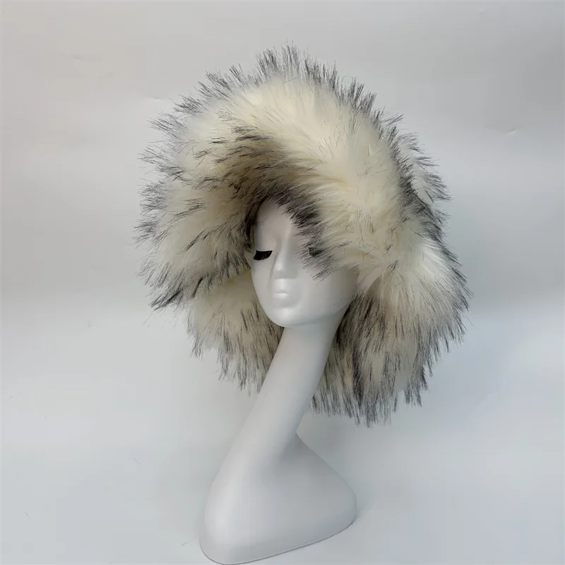 Winter Warm Plush Bucket Hat Women Oversize Earflaps Fluffy Faux Fur Hats Fashion Furry Raccoon Fur Cotton Hat Solid Color Hats