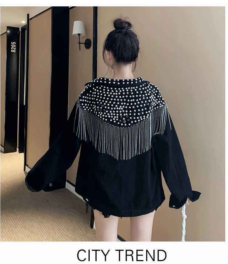 Autumn Denim Jacket Coat Women Rivet Tassel Chain Short Coats Woman Loose Streetwear Long Sleeve Black Coats Outerwear