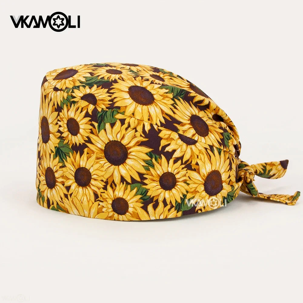 Flower Printing Scrub Caps Dental Print Scrubs Hat 100% Cotton Women Men Dust Proof Vet Dentist  Working Hats Tie Back Cap
