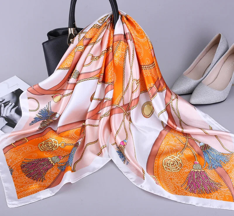 Fashion Kerchief Silk Satin Neck Scarf for Women Print Hijab Scarfs Female 90*90cm Square Shawls and Wraps Scarves for Lady