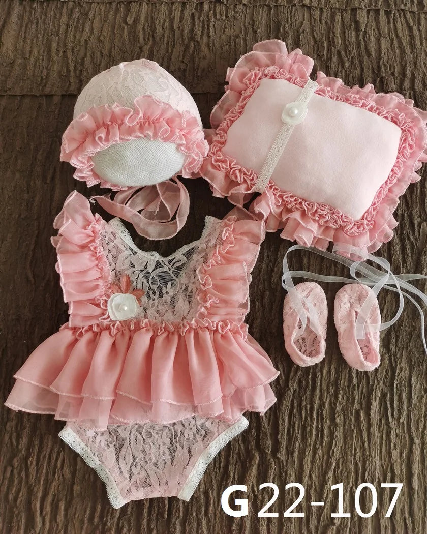 0-3Month Baby Newborn Photography Props Baby Hat Baby Girl Lace Romper Bodysuits Outfit  Photography Clothing