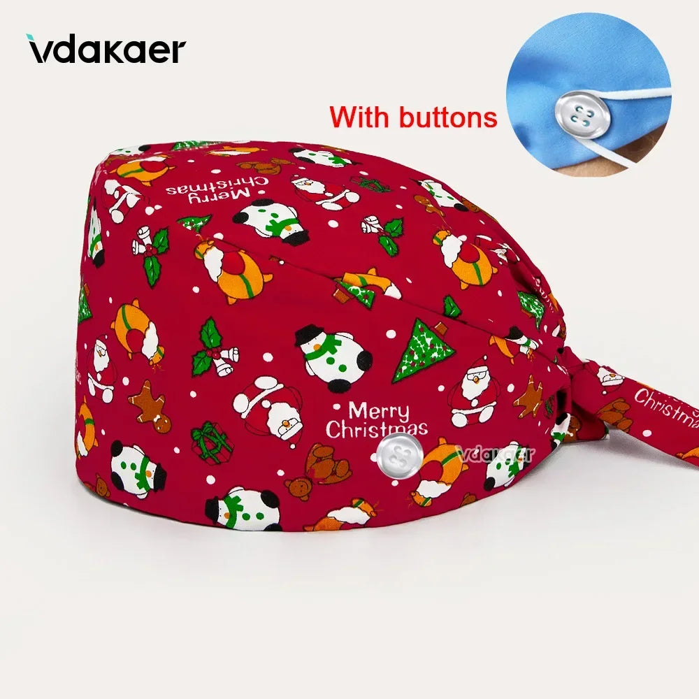 With Buttons Santa Claus Print Hats Adjustable Scrub Cap Beauty Salon Nursing Cap Laboratory Accessories Scrubs Christmas Hats