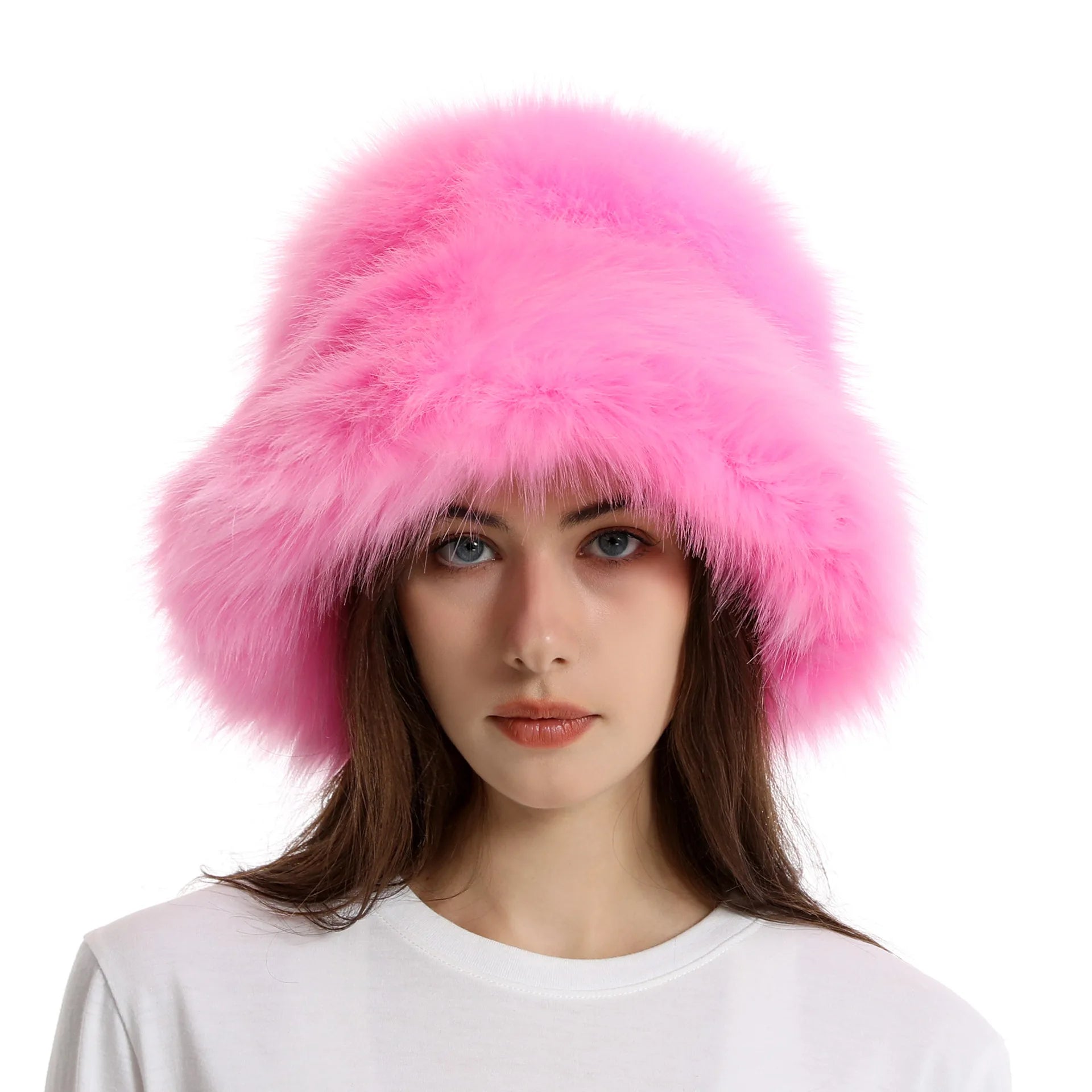 Warm Plush Bucket Hat Women Oversize Earflaps Fluffy Faux Fur Hats Fashion Furry Raccoon Fur Cotton Hat Winter Solid Color Hats
