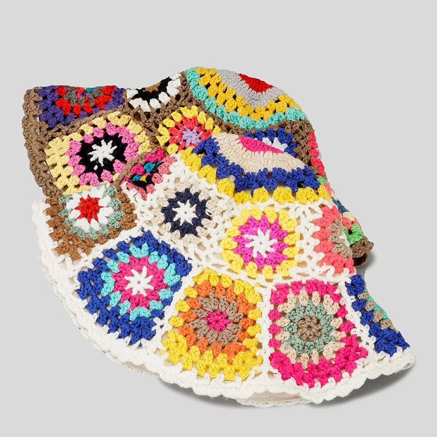 Casual Paisley Crochet Hat for Women Bohemian Knitted Bucket Hats National Straw Sun Hat for Girls Summer Beach Bali Hats 2022