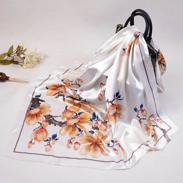 Fashion Kerchief Silk Satin Neck Scarf for Women Print Hijab Scarfs Female 90*90cm Square Shawls and Wraps Scarves for Lady