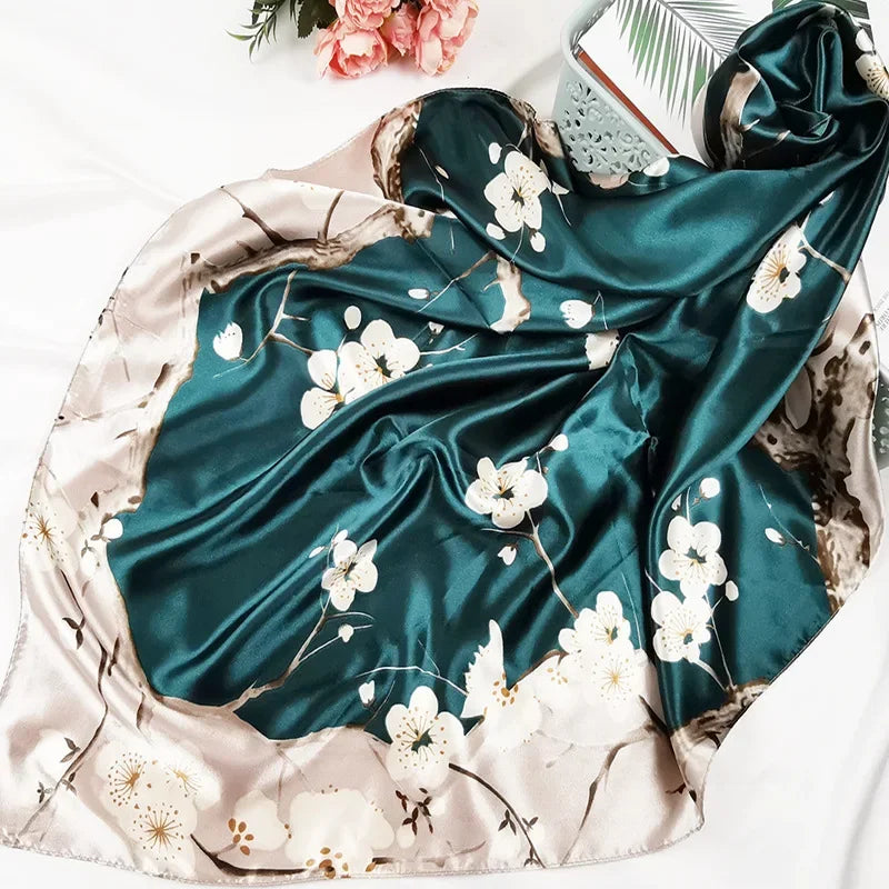 90cm Neckerchief Silk Satin Women Hijab Scaves Fashion Floral Print Headband Neck Scarfs Female Square Shawls Scarfs for Ladies