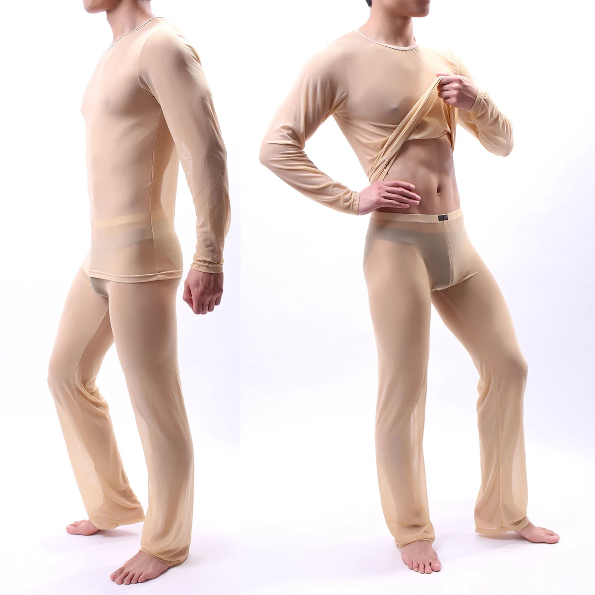 Sexy Men Pajamas Sets See Through Ice Silk T-Shirts No Seaming Tee Thin Man T-Shirt & Pants Pajama Sexy Male Pajamas Sleepwear