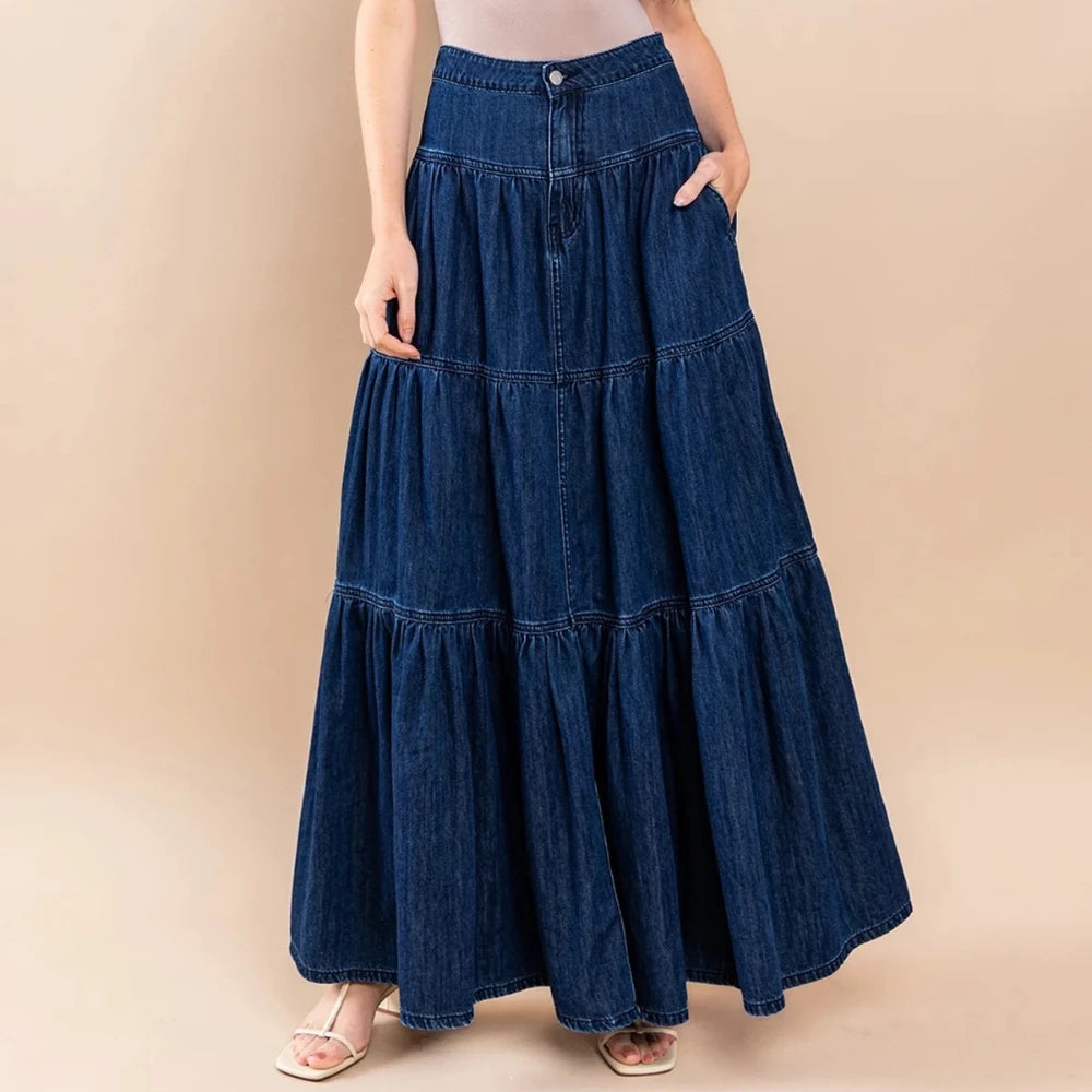Canwedance Maxi Skirts Boho Style Cotton Skirts Femme High Waist Denim Skirts Mujer Vacation Bottoms A-Line Layered Skirt
