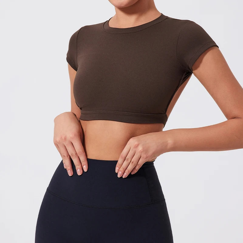 Hearuisavy Sports Shirts Workout Tops Fitness Activewear Female Quick-Dry Yoga Clothes Sport Crop Tops Backless Gym Top Women