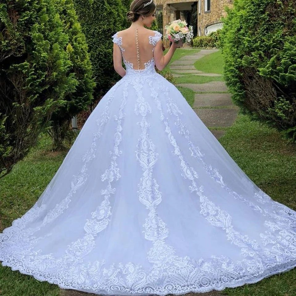 Customized 2025 New Illusion Ball Gown Long Wedding Dress Short Sleeves Bride Dresses Princess Tulle Elegant Wedding Gowns - My Store