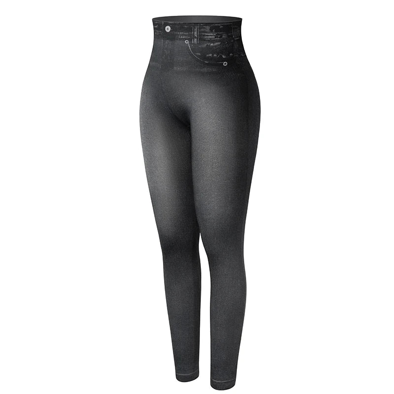Women Jeggings Faux Denim Jeans Leggings High Waisted Tummy Control Slim Leggins Printed Pencil Pants Seamless Skinny Trousers