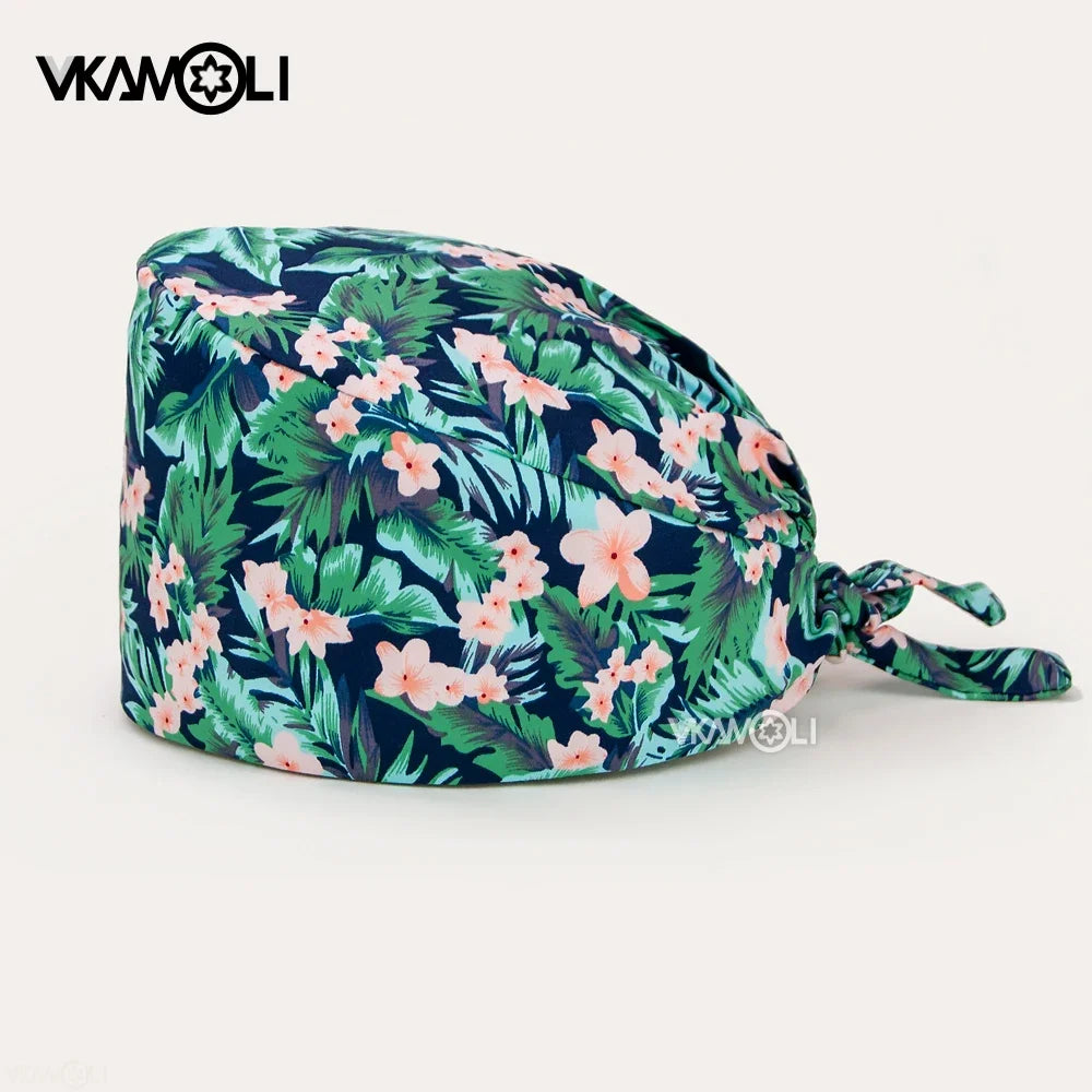 Flower Printing Scrub Caps Dental Print Scrubs Hat 100% Cotton Women Men Dust Proof Vet Dentist  Working Hats Tie Back Cap