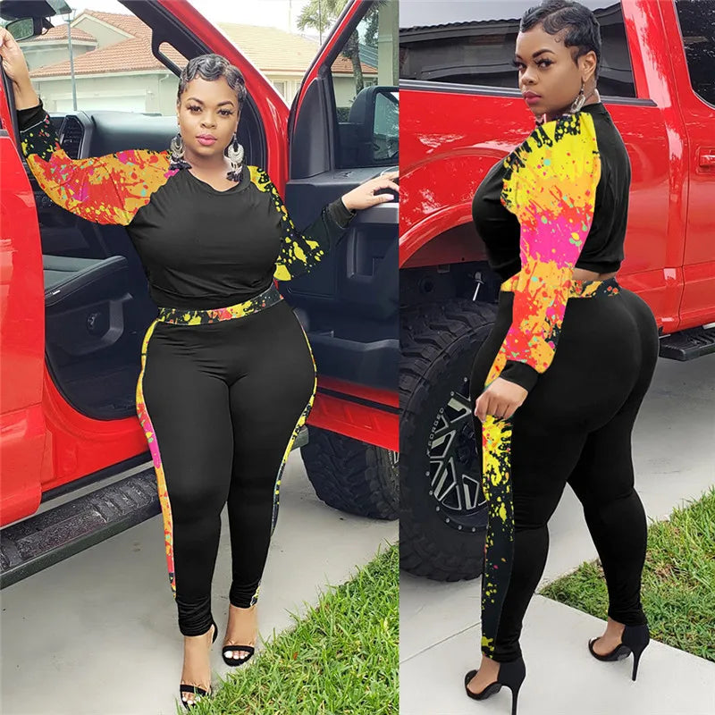 Plus Size L-4xl Women 2 Piece Set  Tie Dye Patchwork Strech Activewear Jogger Outfit Biker Matching Set Wholesale Dropshpping