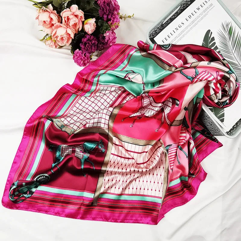 90cm Neckerchief Silk Satin Women Hijab Scaves Fashion Floral Print Headband Neck Scarfs Female Square Shawls Scarfs for Ladies