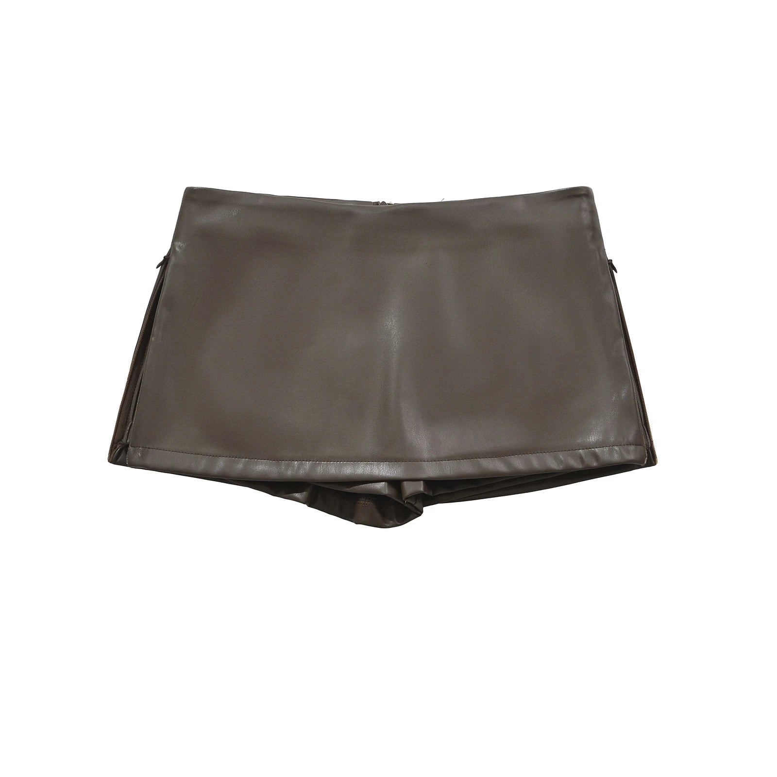 Faux Leather Mini Skirts Elegant  Korean Fashion Black PU Skirts for Woman Low Rise Skirt Zip Up Split Skirt With Shorts Brown