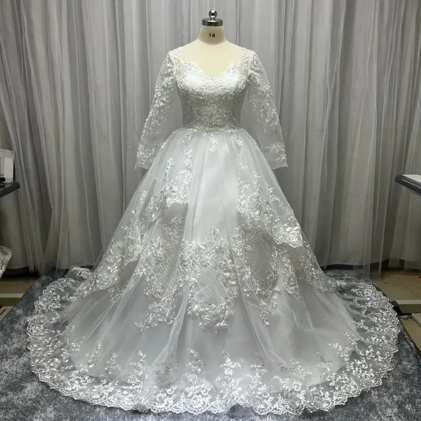 Princess Plus Size Wedding Dresses 2023 Lace Applique Long Sleeve Custom Made Tiered Skirt Dubai Arabic Bridal Wedding Dress - My Store