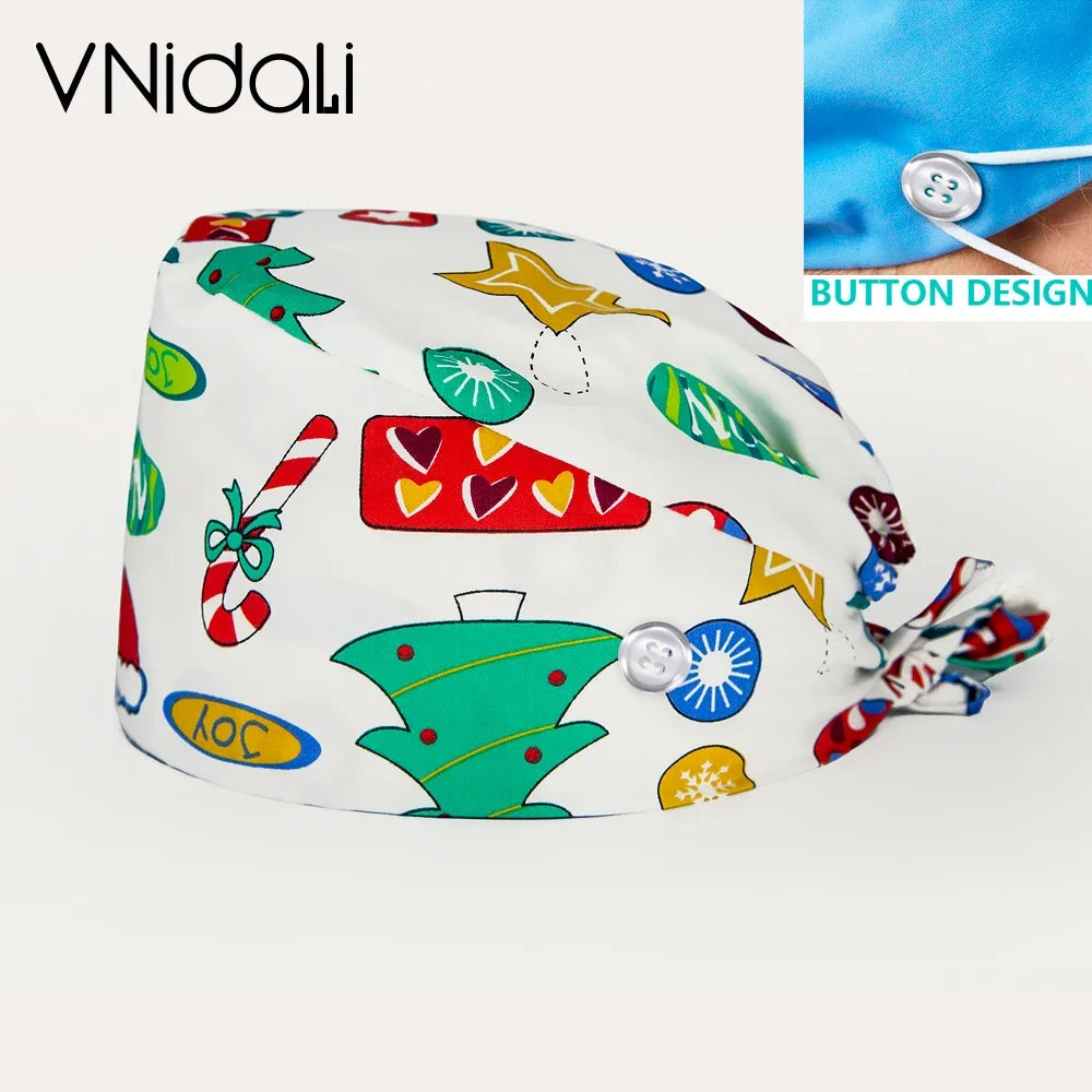 With Buttons Santa Claus Print Hats Adjustable Scrub Cap Beauty Salon Nursing Cap Laboratory Accessories Scrubs Christmas Hats