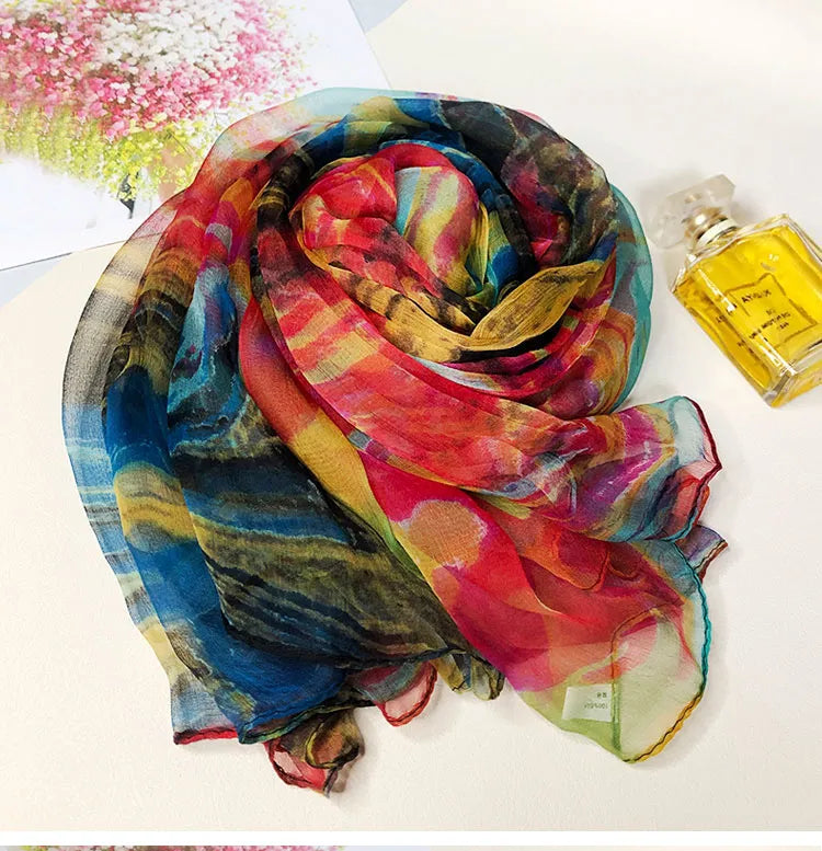 [BYSIFA] Ladies Silk Scarf Shawl New Long Scarves Fashion Brand Scarves Elegant Purple Blue Neck Scarf Beach Shawl Cover-Ups