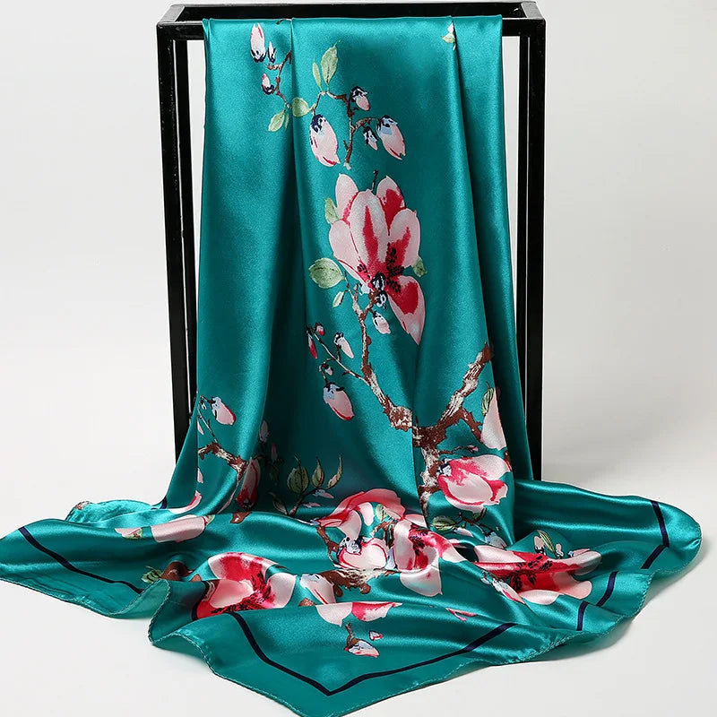 90cm Fashion Silk Satin Scarf for Women Headband Floral Print Kerchief Hijab Scarves Fermale Square Shawls and Wraps Neck Scarfs
