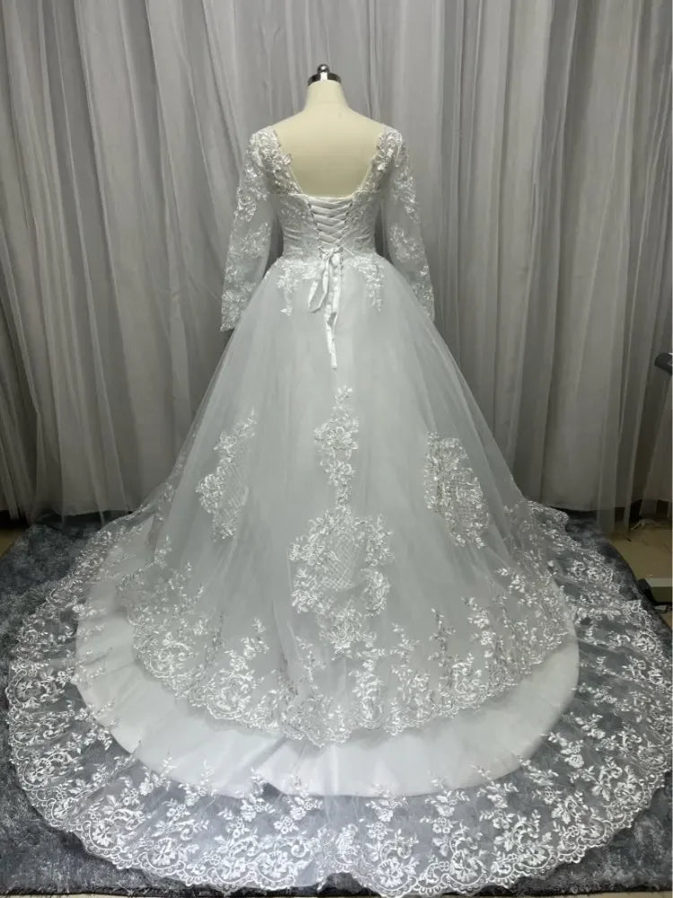 Princess Plus Size Wedding Dresses 2023 Lace Applique Long Sleeve Custom Made Tiered Skirt Dubai Arabic Bridal Wedding Dress - My Store
