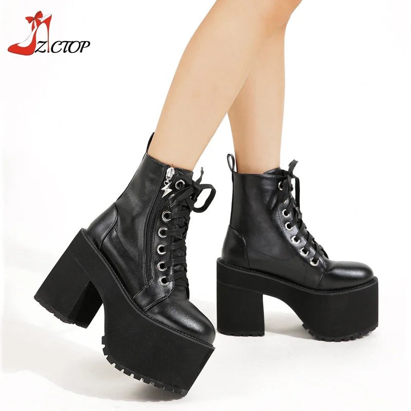 Women Platform Boots High Chunky Heel Ankle Boots Black Punk Style Lace Up Motorcycle Boot Lady Autumn Winter Shoes Big Size 43