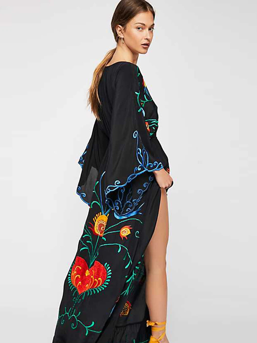 Jastie 2025 Spring Autumn Women Dress Loose Casual Kimono Dresses Floral Embroidered Maxi Dress Boho Ruffle Hem Beach Dresses