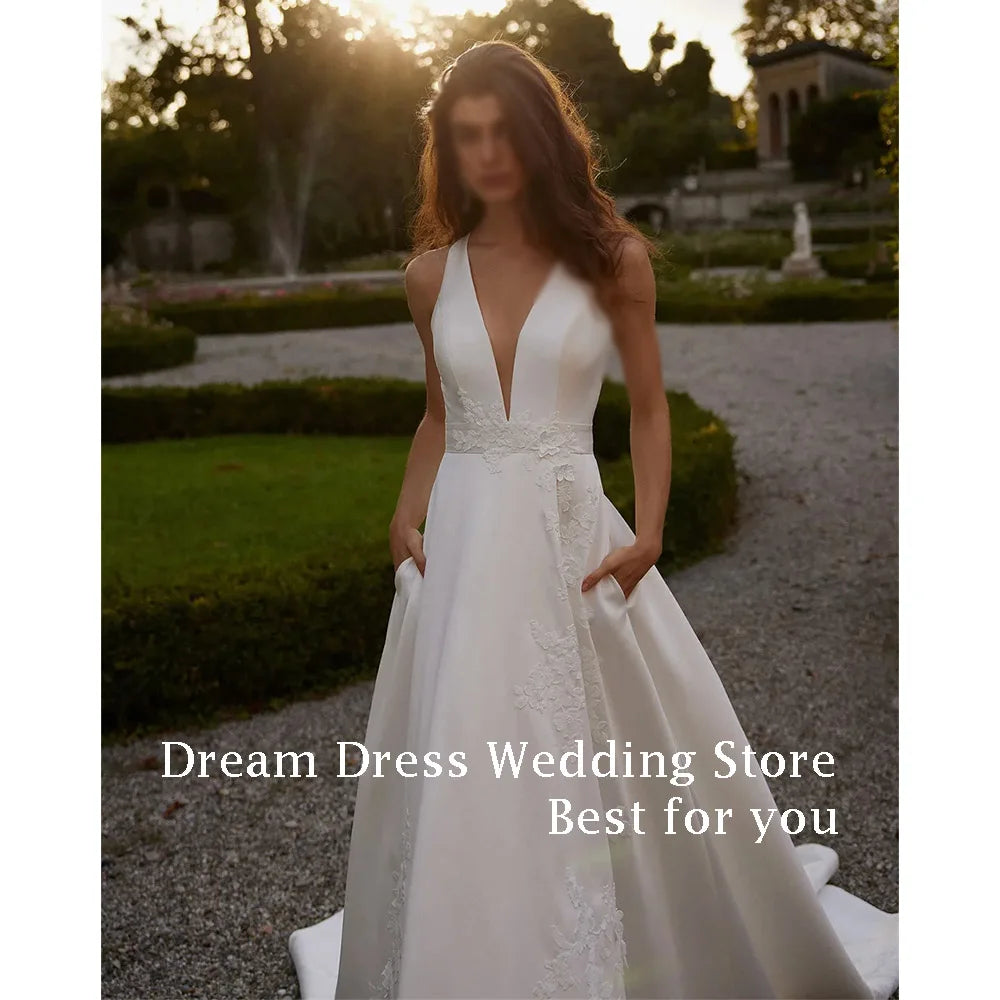 DREAM Customized Elegant A-Line Wedding Dresses Satin Floor-Length Sweep Train Long Brides Dress Women Vestidos De Novias 2025 - My Store