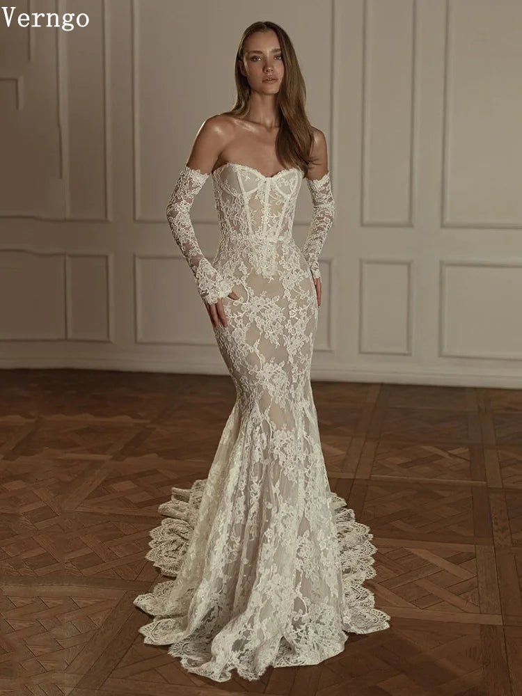 Verngo Lace Strapless Wedding Dress Appliques Mermaid Luxury Bridal Gowns Sweap Train Elegant Slim Bride Dresses 2025 - My Store
