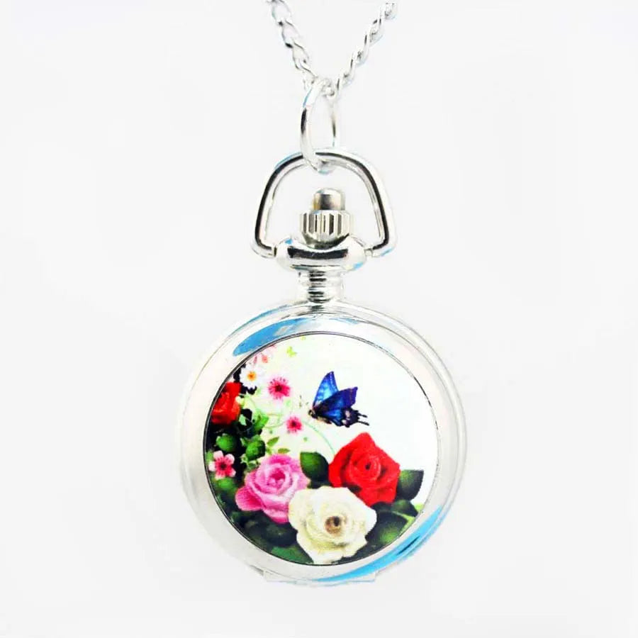 Shsby Vintage Pocket Watches  Flower Fashion Silver Chain Necklace Quartz Watch Women Dress Watches Children's Cartoon Watches