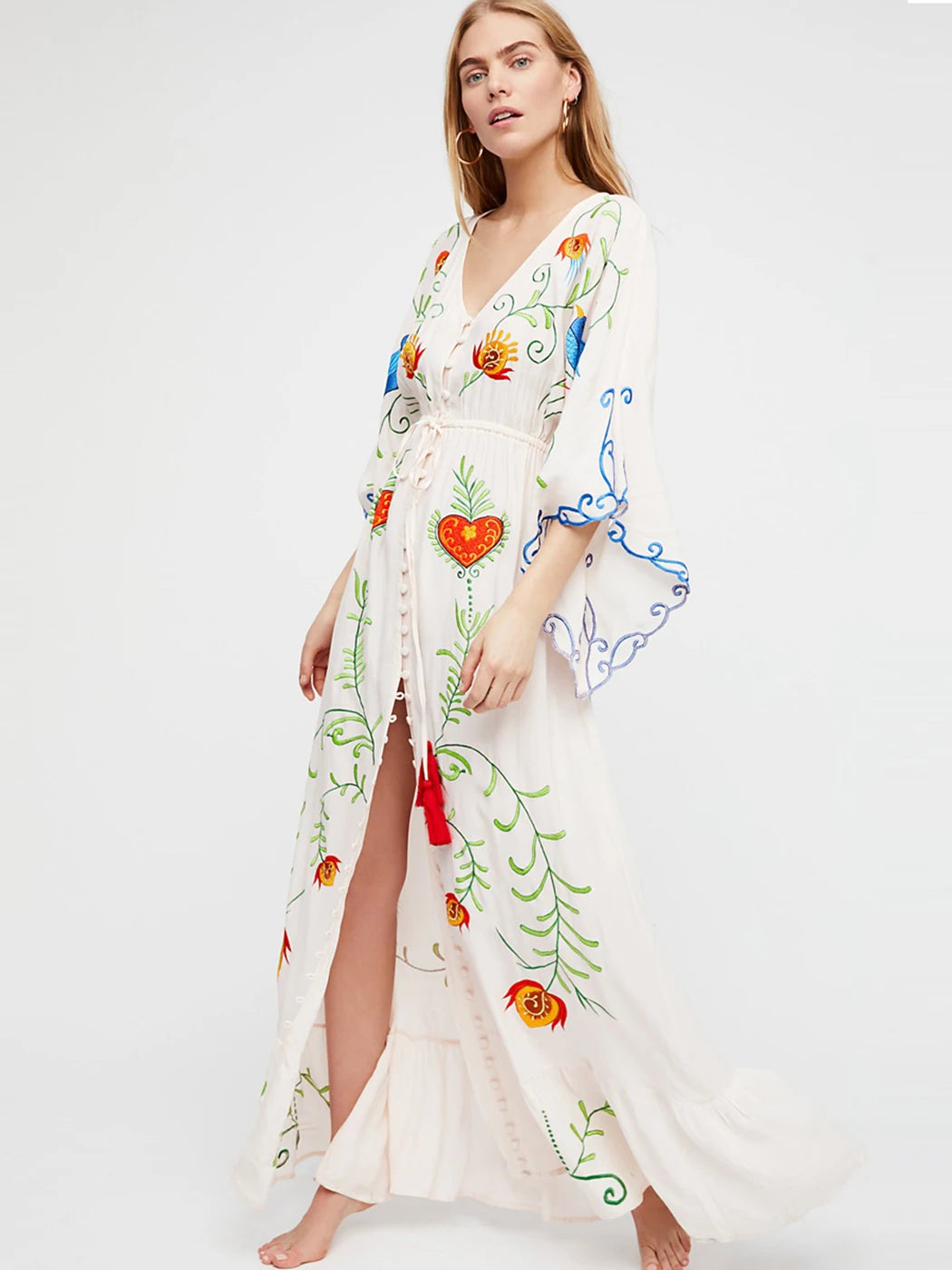 Jastie 2025 Spring Autumn Women Dress Loose Casual Kimono Dresses Floral Embroidered Maxi Dress Boho Ruffle Hem Beach Dresses