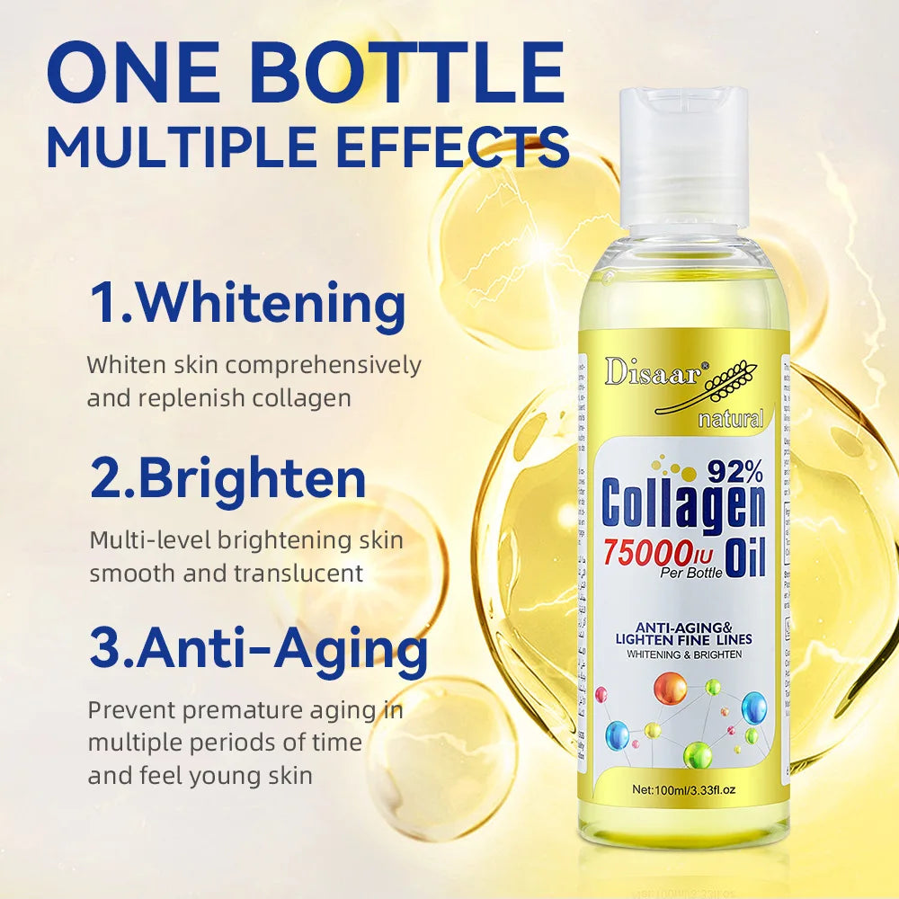 100ml 92% Collagen 75000IU Youthful Glow Oil Lighten Fine Lines Brighten Body Serum Dry Skin Hydrating Plumps, Lifts Massage Oil