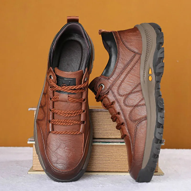 Leather Men Casual Shoes Spring Lace-Up Platform Sneakers Travel Shoes Wear-Resistant Shoes British Style Men's Sneaker Shoe