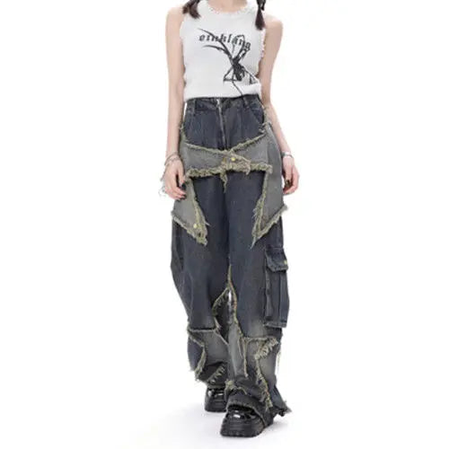 New Women Star Stitching Tassel Pants American Retro High Street Jeans Loose Wide Leg Pants Trendy Punk Y2k Pants