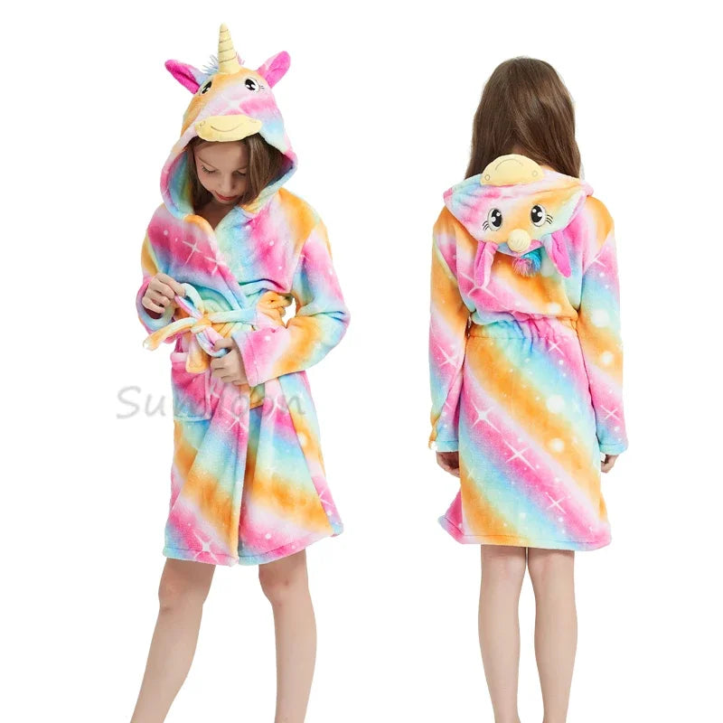 New Children Bath Robe Baby Towel Children's Unicorn Hooded Bathrobes for Boys Girls Pajamas Kids Sleepwear Bath Robes Fox Wolf