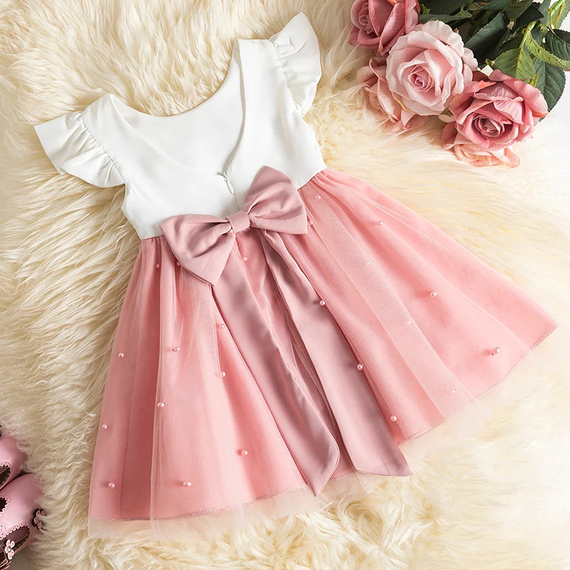 Baby Girls Dress for Summer Flower Lace Vestidos Wedding Party Kids Dresses for Girls Pearls Tulle Princess Children's Dresses - My Store