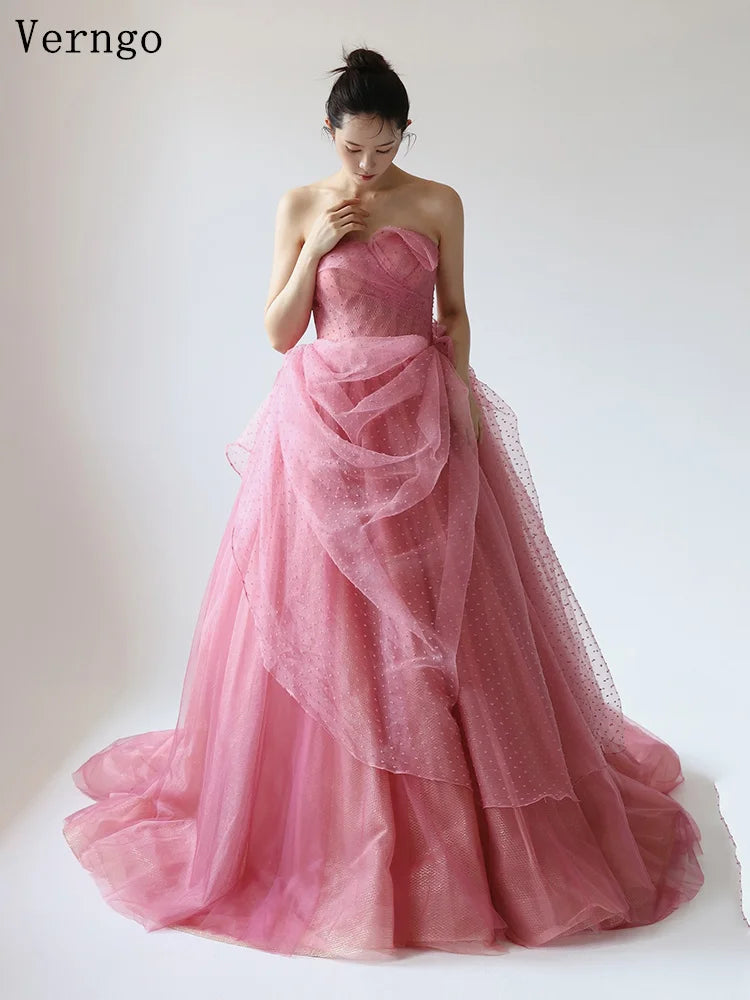 Verngo Pink Tulle Wedding Dress Strapless a Line Colorful Bridal Gowns Women Elegant Korea Photo Bride Dresses Customized - My Store