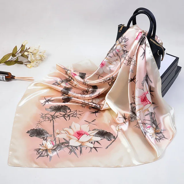 Fashion Kerchief Silk Satin Neck Scarf for Women Print Hijab Scarfs Female 90*90cm Square Shawls and Wraps Scarves for Lady