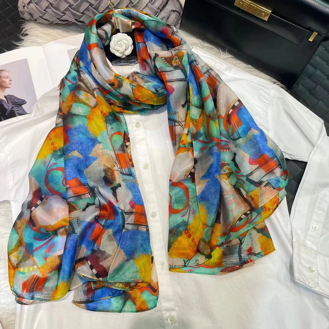 White100% Silk Scarf Women Scarves Bufandas Summer Beach Shawls Foulard Fall Winter Brand Flower Design Long Neck Scarves Hijabs