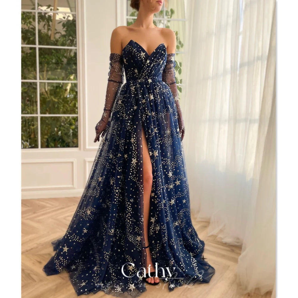 Cathy Fairy A-Line فساتين السهرة Dark Blue Star Prom Dress Strapless Customized Party Dresses Sexy Side Split Vestidos De Noche - My Store