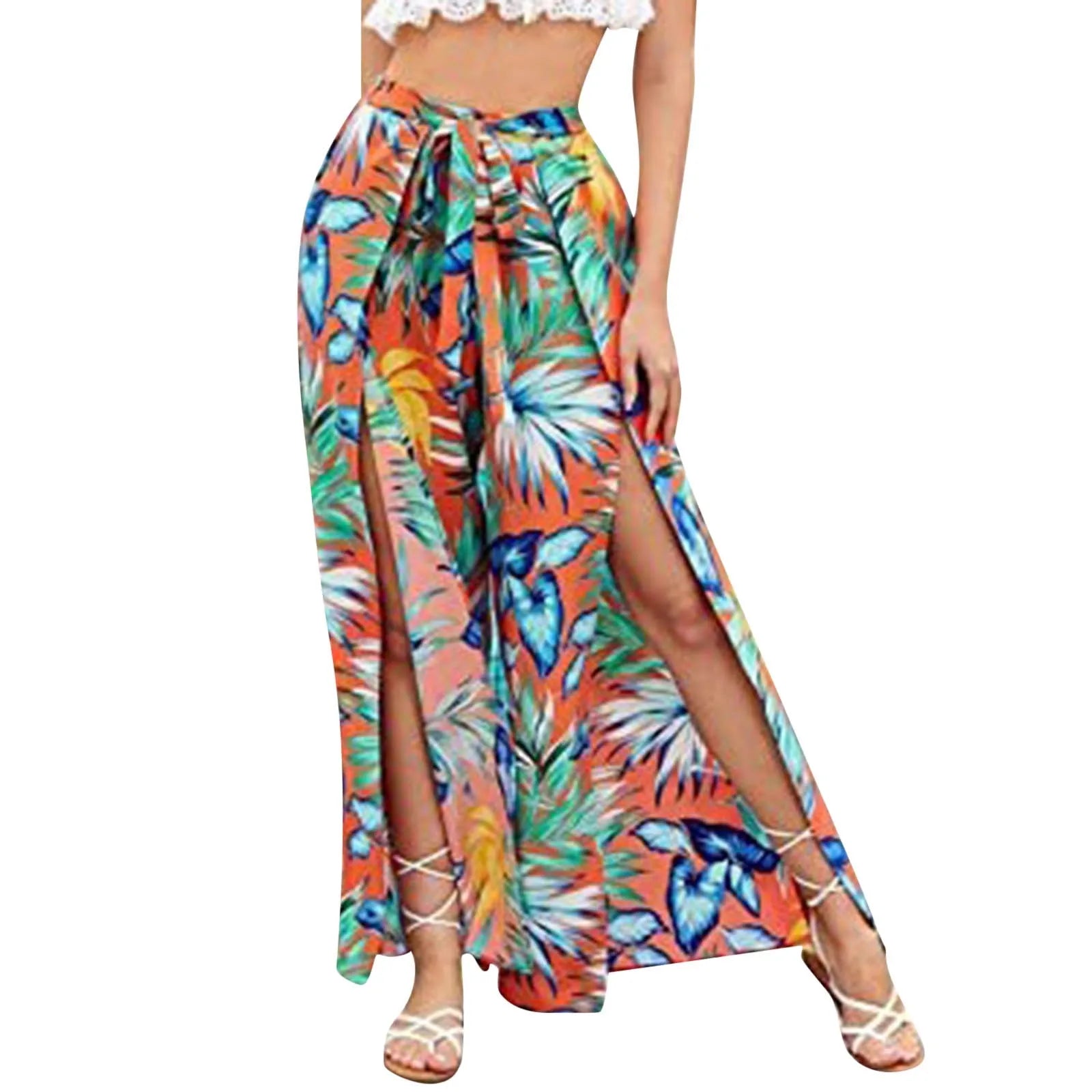 Women'S Clothing Leopard Print Vent Casual Tassel Lace Up Waist Wide Leg Pants Soft Comfort Trousers for Beach Summer Vacation
