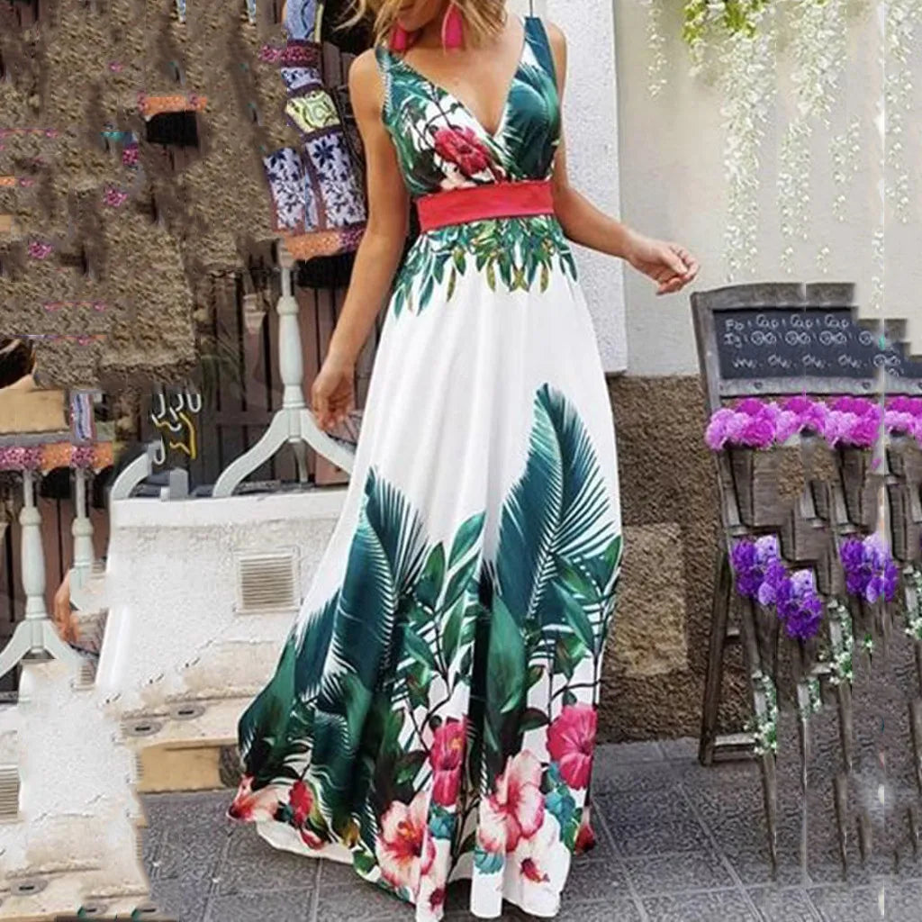 Summer Dresses Wedding Party Bridesmaid Deep v Neck Sleeveless Long Dresses High Collect Waist Bohemian Print Maxi Dress платье - My Store