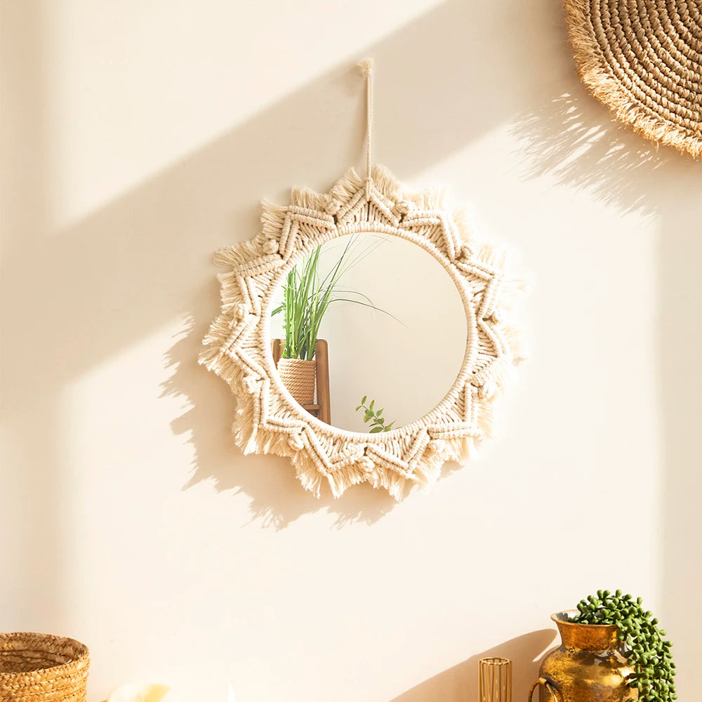 Boho Decorative Mirrors Macrame  Round Mirror Aesthetic Room Decor Hanging Wall Mirror for Bedroom Living Room House Decoration