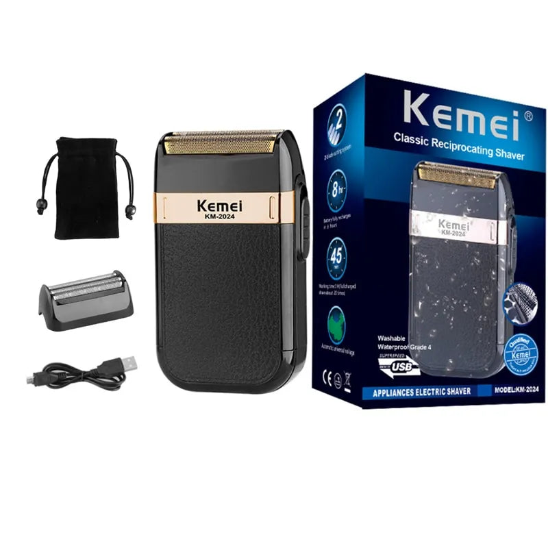 Kemei-2024 Electric Shaver for Men Twin Blade Waterproof Reciprocating Cordless Razor USB Rechargeable Shaving Barber Trimmer