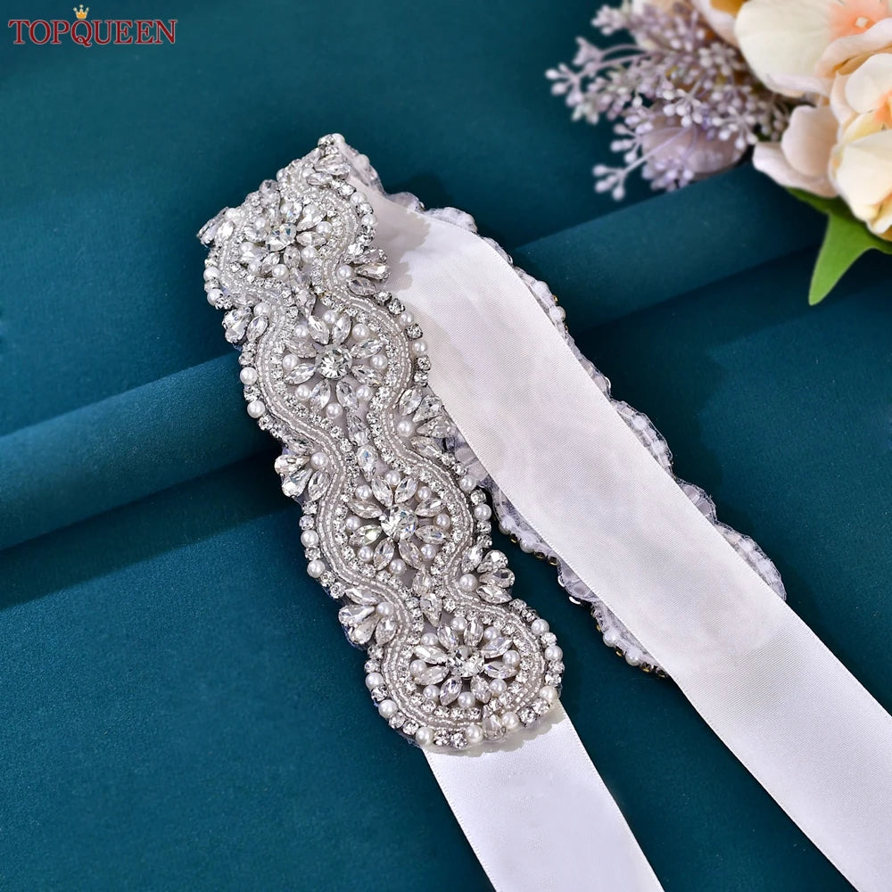 Topqueen Silver Rhinestone Belt Wedding Bride Belt Belts for Women Wide Rhinestones Appliques for Dresses Glitter Belt S04