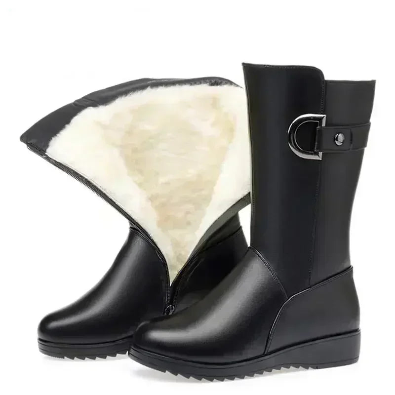 2025 Winter Leather Women Winter Boots Thick Wool Warm Women High-Heeled Genuine Boot High-Quality Female Snow Boots Women Shoes