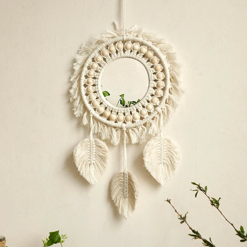 Boho Decorative Mirrors Macrame  Round Mirror Aesthetic Room Decor Hanging Wall Mirror for Bedroom Living Room House Decoration