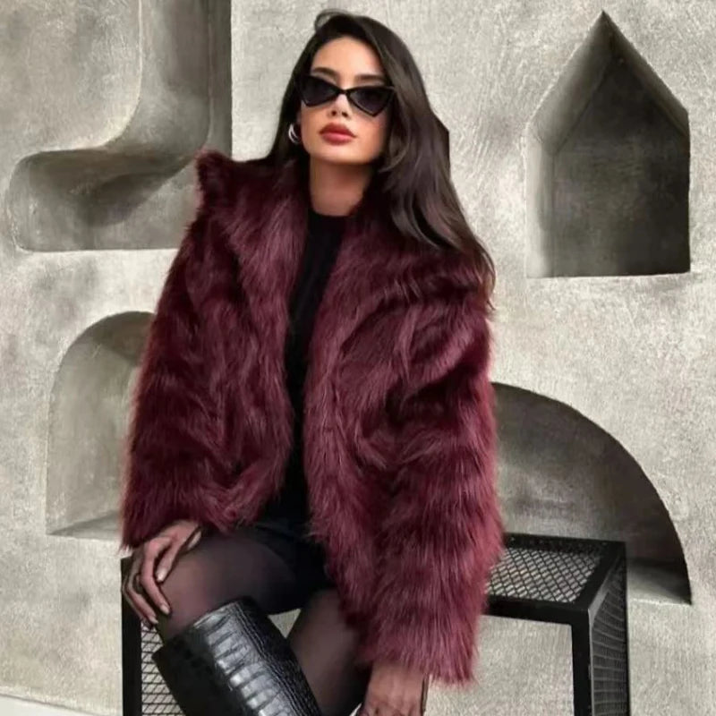 HXAO Women's Fur Coat Women  Plush Burgundy Bomber Jacket Solid Crop Long Sleeve Jacket Warm Winter Coats Woman Casual Coats