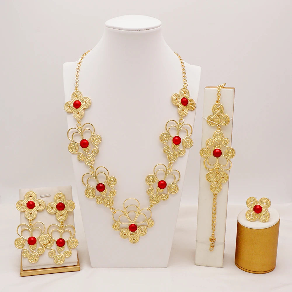 Dubai Gold Color Flower Jewelry Sets for Women Costume India Jewellery Set African Beads Jewelry Sets Wedding Gift
