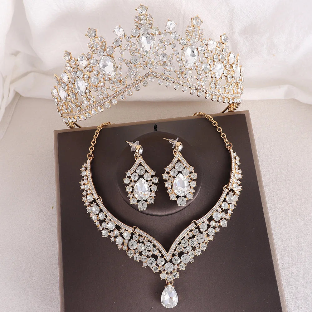 Baroque Crystal Water Drop Bridal Jewelry Sets Rhinestone Tiaras Crown Necklace Earrings for Bride Wedding Dubai Jewelry Set